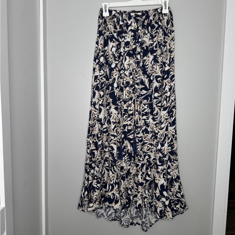 Rachel Zoe Navy and Cream Leaf Print Maxi Skirt